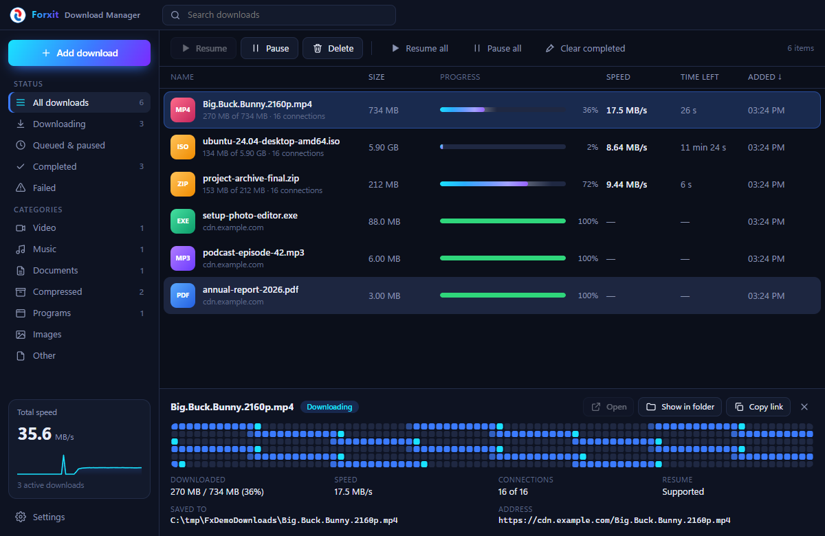 Forxit Download Manager showing several downloads, each split over 16 connections